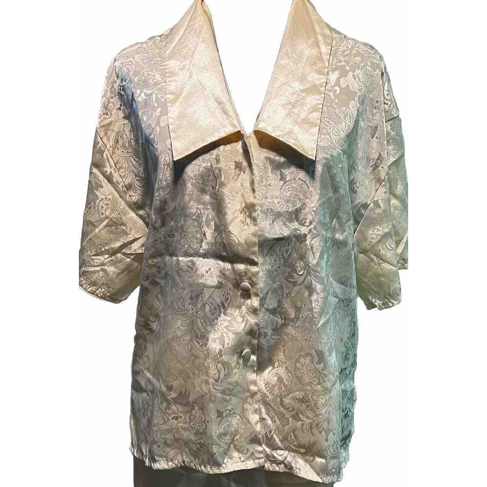 Vintage Victoria Secrets Satin Short Set Cream Jacquard Medium Missing Button